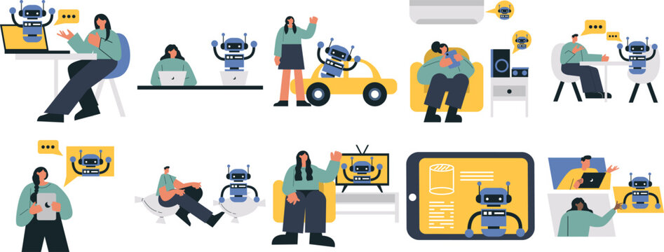 Human interaction with artificial intelligence robots in daily life flat vector illustration set