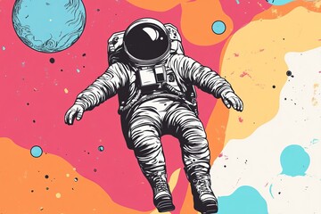 Illustration shows an astronaut floating in space against a colorful background of shapes and celestial objects during an imagined moment in the cosmos