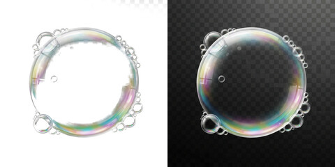 A colorful soap bubble with smaller bubbles on a black and gray background