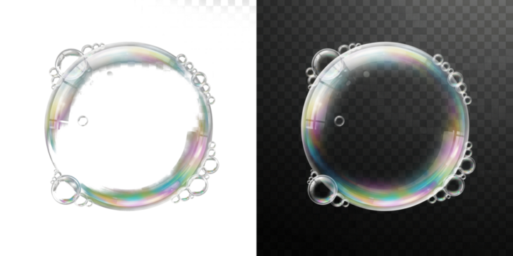 A colorful soap bubble with smaller bubbles on a black and gray background - Powered by Adobe