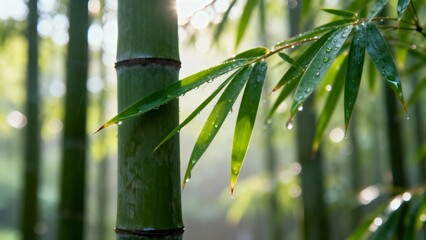 Close-up of bamboo stalk and leaves with water droplets in a sunlit forest