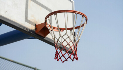 A basketball hoop with red and white net against a clear blue sky, In What Style: Outdoor sports photography with natural daylight, In What Colors: Rusty orange, white and deep blue against bright sky