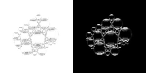 A close-up view of two clusters of transparent bubbles on a black background