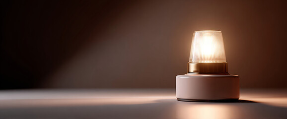 Close-up of a glowing emergency warning light on a smooth surface with dark blurred background and warm ambient lighting