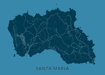 Map of Santa Maria Island, rendered in a monochromatic blue palette. The island's shape is clearly defined, with intricate coastlines and topographical features.