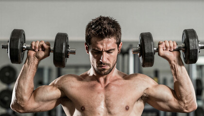 A muscular man lifting dumbbells, What Mood: Intense and focused, What He Is Doing: Performing a bicep curl exercise in a gym, What It Represents: Strength training or bodybuilding,