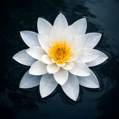 White lotus flower floating on dark water with dewdrops
