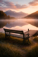 Wooden bench by misty mountain lake at dawn