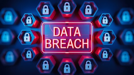 Data breach warning with cybersecurity threat and hacked system
