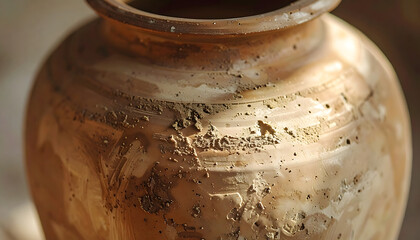 Close up texture of handmade clay pottery jar with rustic details