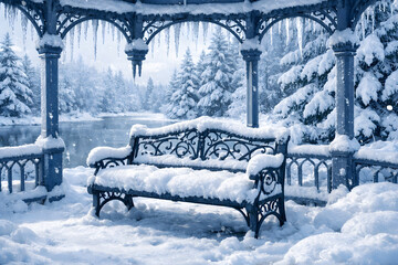 Snowy bench in winter garden with frozen lake