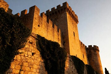 Sunlit stone castle wall with ivy climbing at dusk
