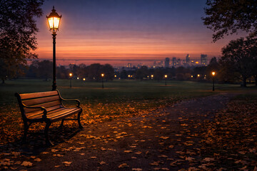 Park bench near streetlamp at sunset in autumn