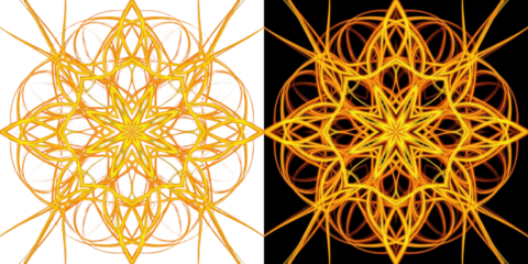 A vibrant digital artwork featuring intricate golden geometric patterns on a black background.