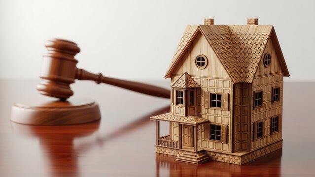 Wooden Gavel and Miniature House Representing Real Estate Law and Property Disputes.