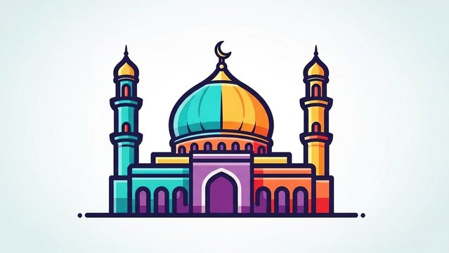 Simple, stylized mosque icon with a central dome and two flanking minarets isolated on a clean white background for graphic clarity.