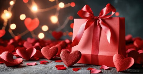 Red gift box surrounded by hearts. Festive lights create romantic mood. Celebration, love, affection shown.