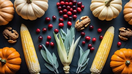 Top-down view of various autumn harvest ingredients including pumpkins, berries, and herbs arranged on a dark slate surface.