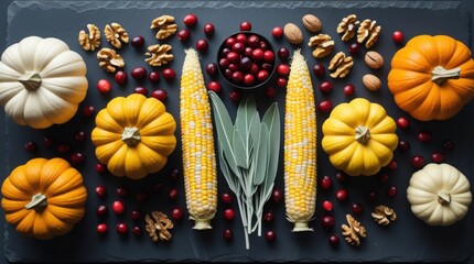 Top-down view of various autumn harvest ingredients including pumpkins, berries, and herbs arranged on a dark slate surface.