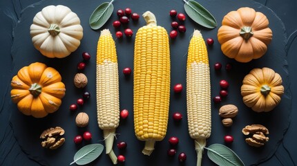Top-down view of various autumn harvest ingredients including pumpkins, berries, and herbs arranged on a dark slate surface.
