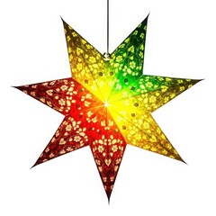 Illuminated star-shaped paper lantern with floral patterns