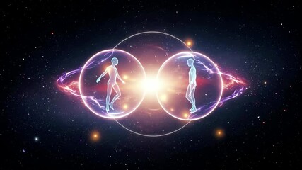 Two luminous spheres connected by radiant energy reveal human silhouettes inside, portraying unity, duality, and Gemini zodiac sign in a cosmic scene. Concept spiritual connection and zodiac signs
