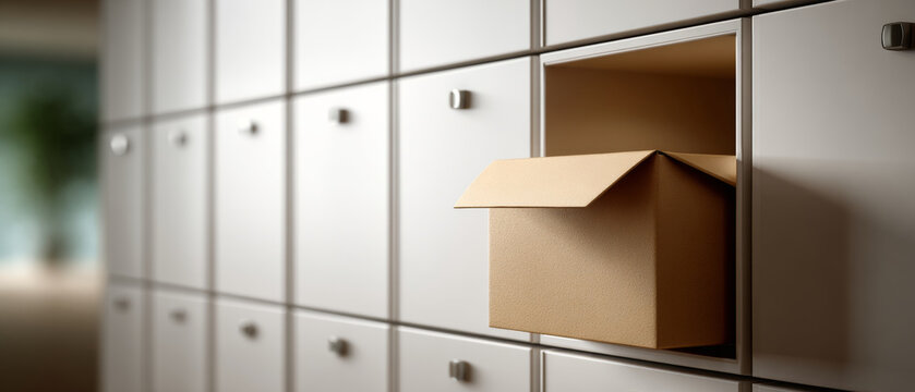 Open cardboard box placed inside a white locker compartment in a modern storage or environment with blurred background