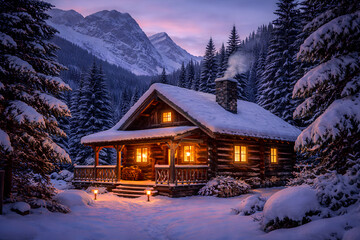 Cozy log cabin covered in snow at twilight mountains