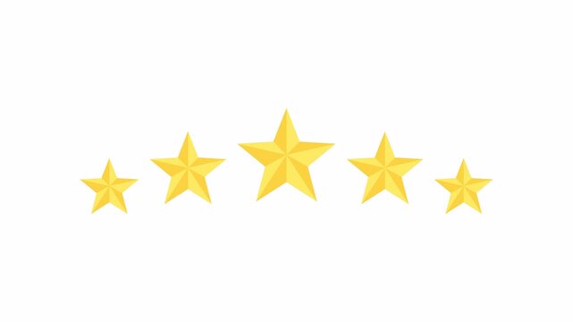 Five stars rating golden quality animation on white transparent background. 5 stars review premium quality. 4k animation video