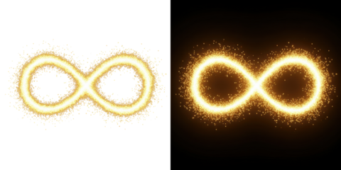 A glowing infinity symbol made of sparkling particles on a black background