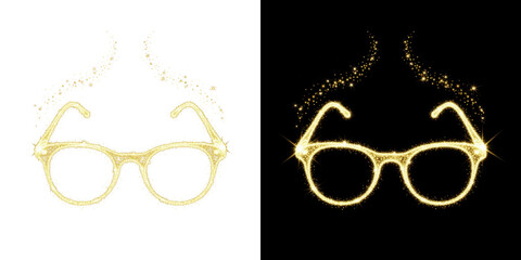 A pair of glowing glasses made of sparkling particles on a dark background