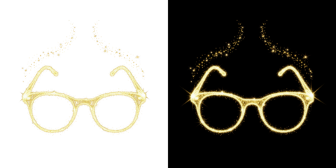 A pair of glowing glasses made of sparkling particles on a dark background