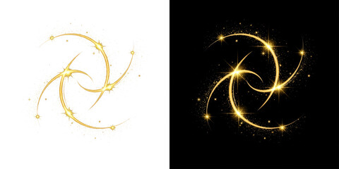 A golden sparkle design element with swirling curves and stars on a black background
