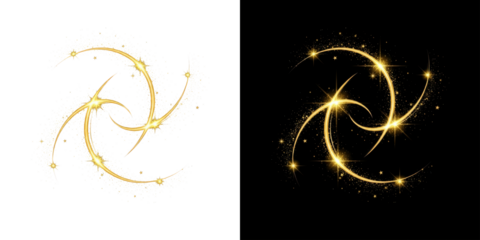 A golden sparkle design element with swirling curves and stars on a black background