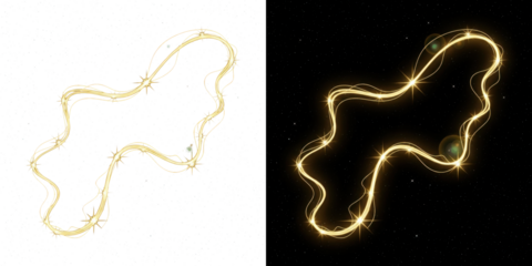 A glowing yellow light trails in abstract shapes against a dark background with stars