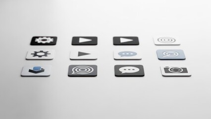 Set of diverse, minimal app icons on a white surface