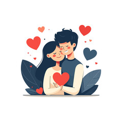 Affectionate Couple Embracing with a Heart Amidst Hearts and Leaves