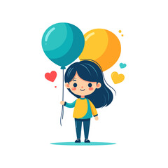 Cute Cartoon Girl Holding Colorful Balloons with Floating Hearts