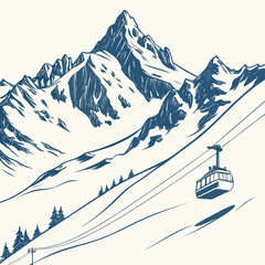 Blue of ski lift on snowy mountain slope with trees © RUJINA