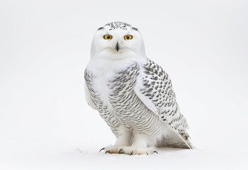 Fototapeta premium Snowy Owl (Asian North), Bubo scandiacus, majestic owl portrait, pure white feathers with sparse black spots, white background