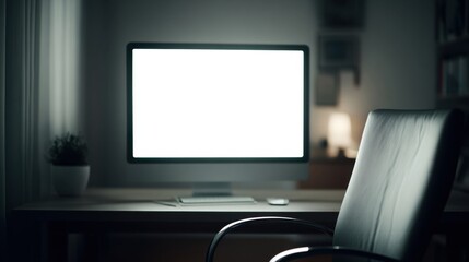 Minimalist office setting with glowing screen and empty chair at night