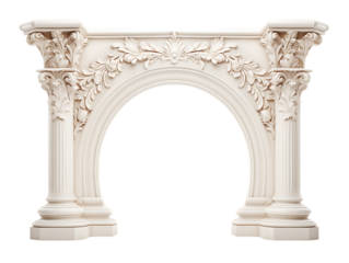 Decorative white stone arch luxury architectural element with floral carvings and columns antique roman style entrance portal vintage building isolated on transparent background