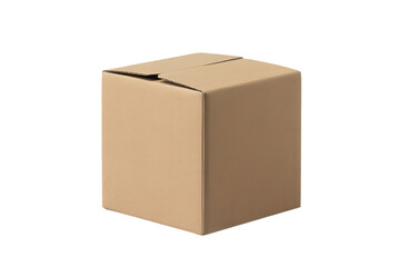 Brown cardboard box mockup illustrating square shipping carton for delivery logistics and postal package branding presentation isolated on transparent background
