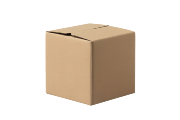 Brown cardboard box mockup illustrating square shipping carton for delivery logistics and postal package branding presentation isolated on transparent background