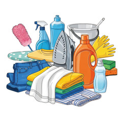 Essential household cleaning and laundry items isolated on transparent background