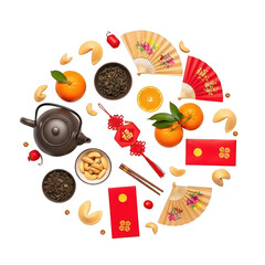 Celebrating the lunar new year with traditional symbols and treats isolated on transparent background