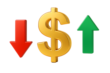 3d illustration of golden dollar sign with green up and red down arrows isolated on transparent background