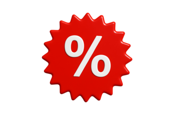 3d render red discount badge with white percentage symbol sticker for sale promotion special offer shopping deal and retail price isolated on transparent background