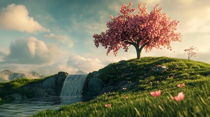 A dreamy cherry tree on a hill, its petals cascading like a waterfall onto the lush green grass 