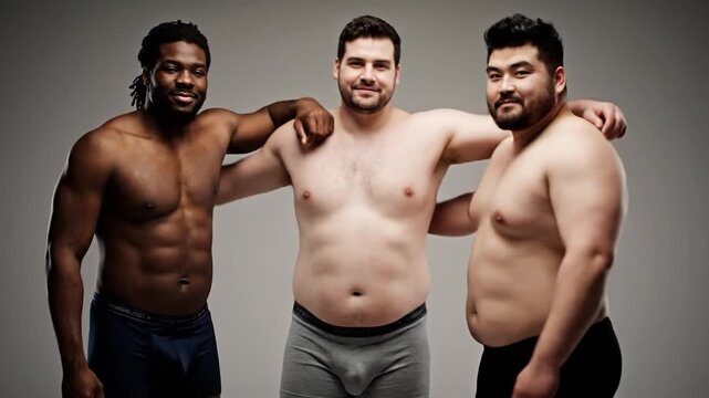 Three diverse men in underwear converse and interact against a plain background